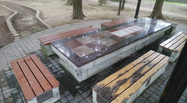 亀田公園のバーベキュー場の石テーブルとベンチ