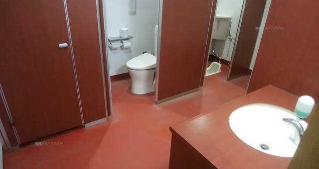 中之口農業体験公園の管理棟にあるトイレは和式、洋式が用意され、手洗い場にはシャボネットがある