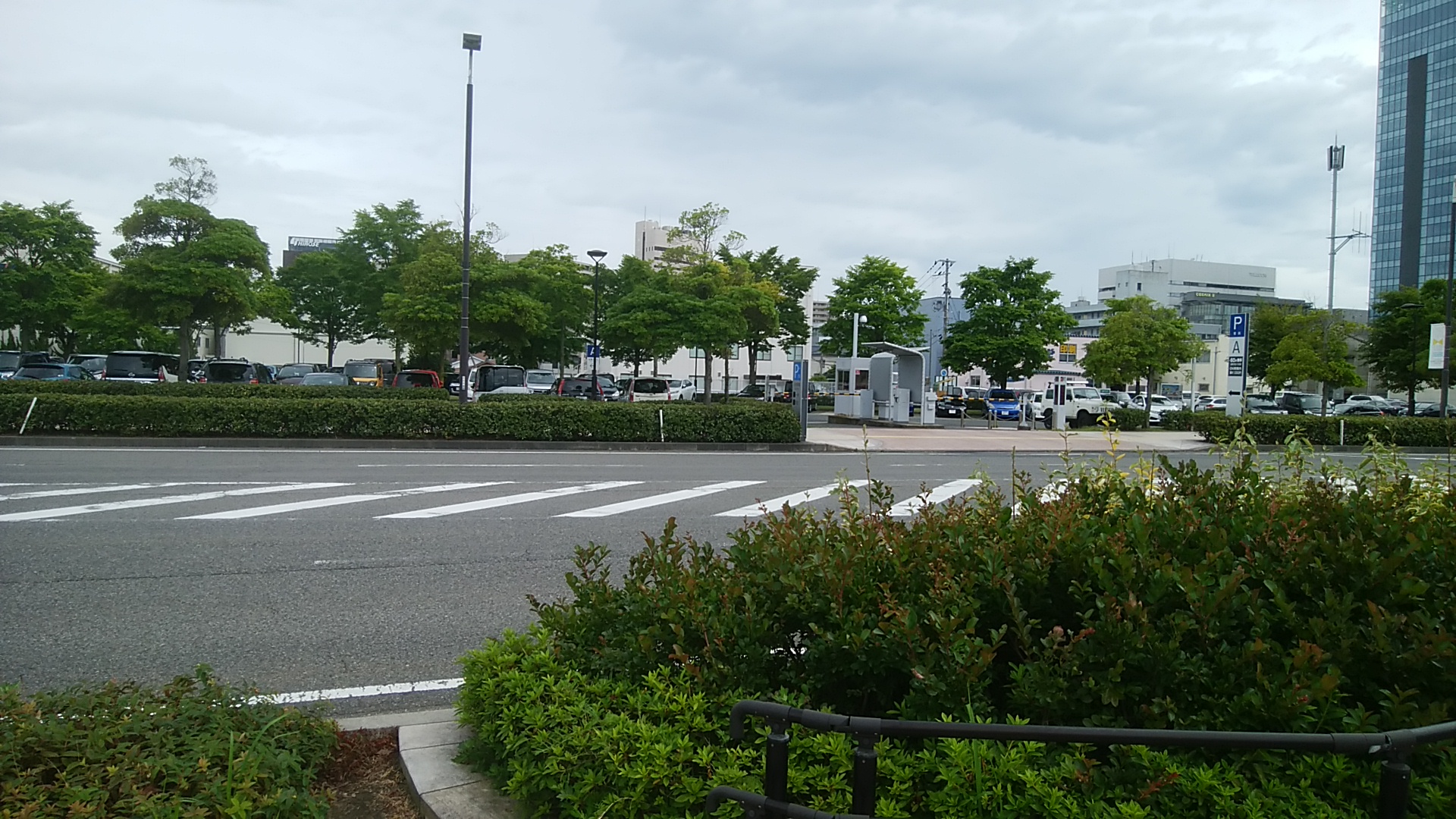 朱鷺メッセのA駐車場を道路の対岸から見た風景